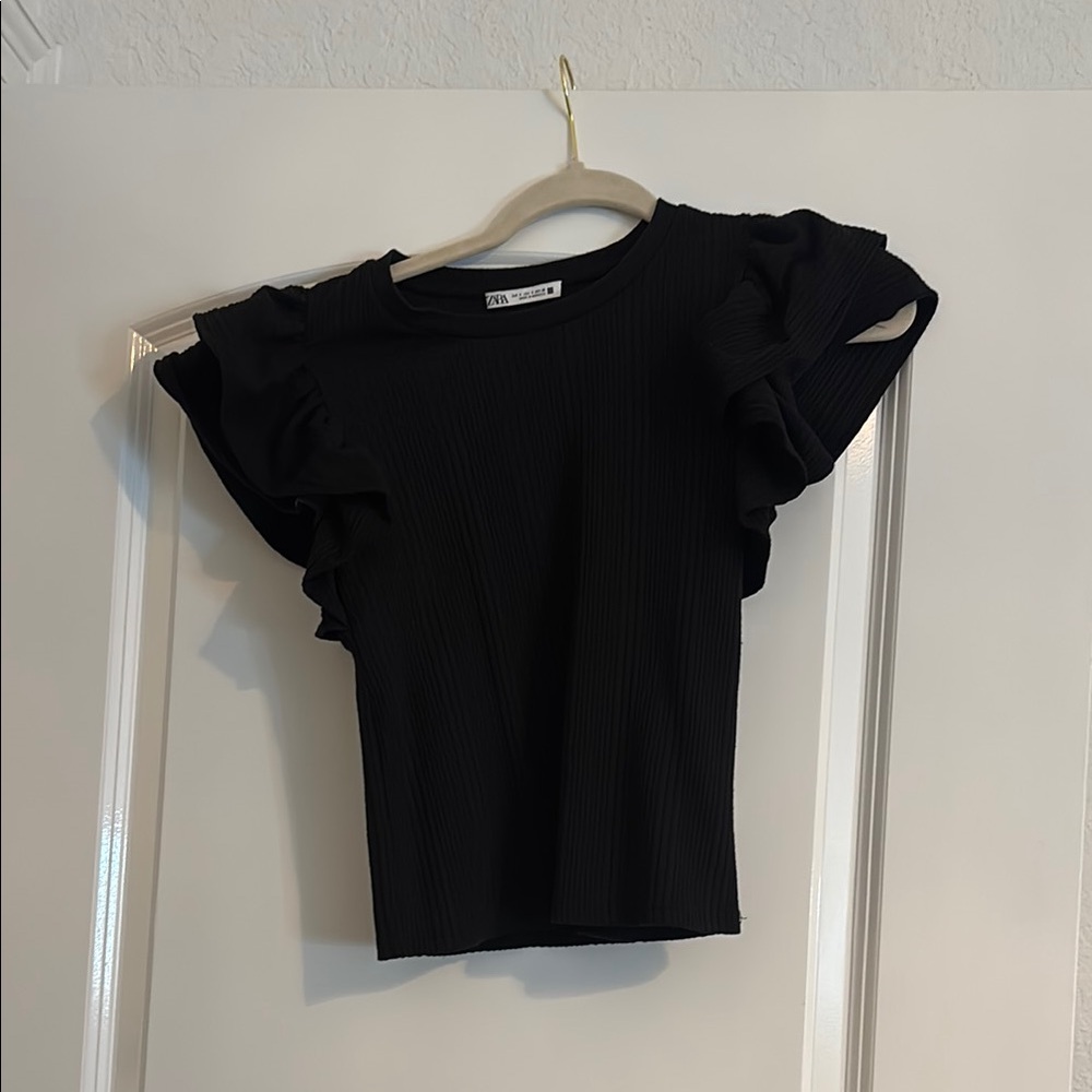 Zara Black Flutter Sleeve Fitted T-Shirt